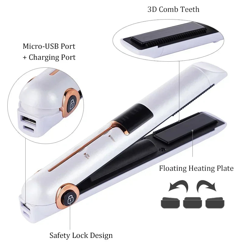 Portable Wireless Hair Straightener With Power Bank Function Rechargeable Hair Straightening Curling Flat Iron For Home Travel