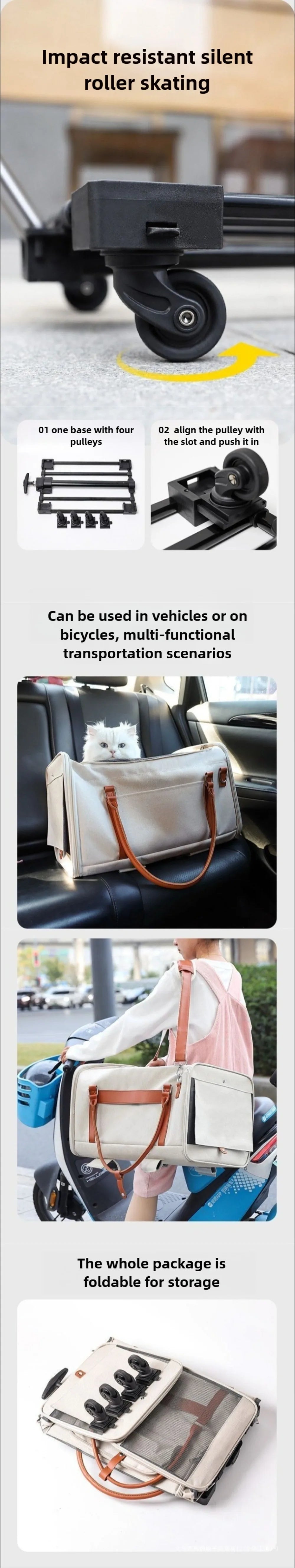 Multifunctional Cat Carrier with Trolley Large Capacity Breathable Foldable Pet Bag for Cats and Dogs