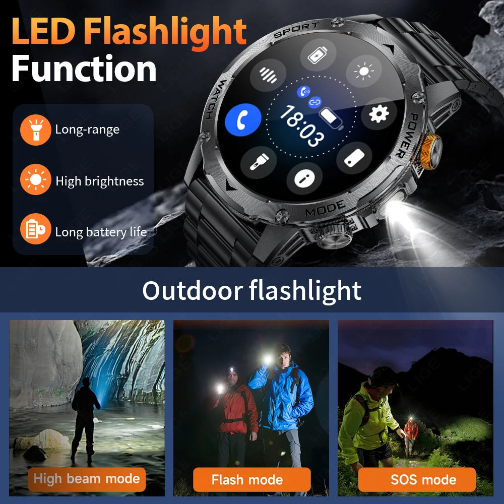 LIGE 2025 New For HUAWEI Xiaomi 1000mah AMOLED Smart Watch Men Sports Fitness LED Flashlight 3ATM Waterproof BT Call Smartwatch