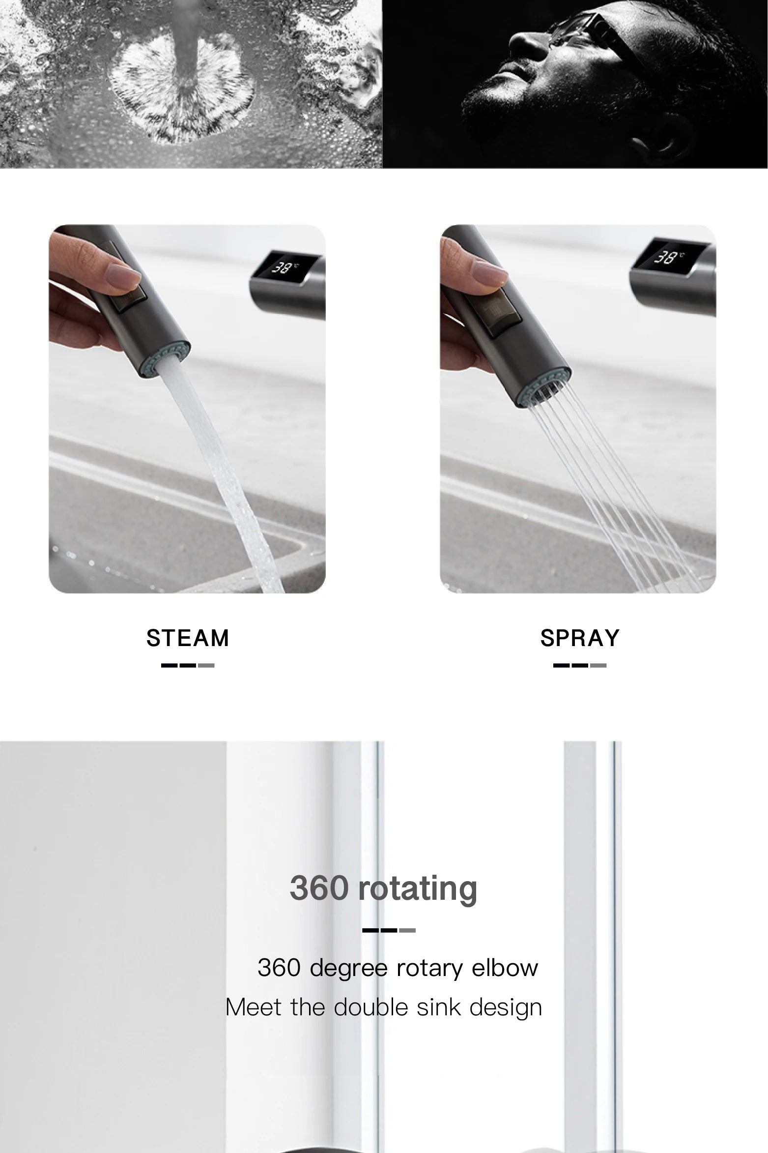 Luxury brass gun gray kitchen faucet LED digital sensing design single handle hot & cold water pull-out type 2-function sink Tap