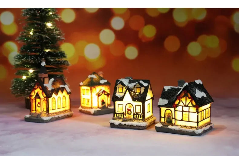 Christmas Decoration House LED Light Xmas Durable Ornaments Small Resin Mini House Miniature Village Building for Home Kids Gift
