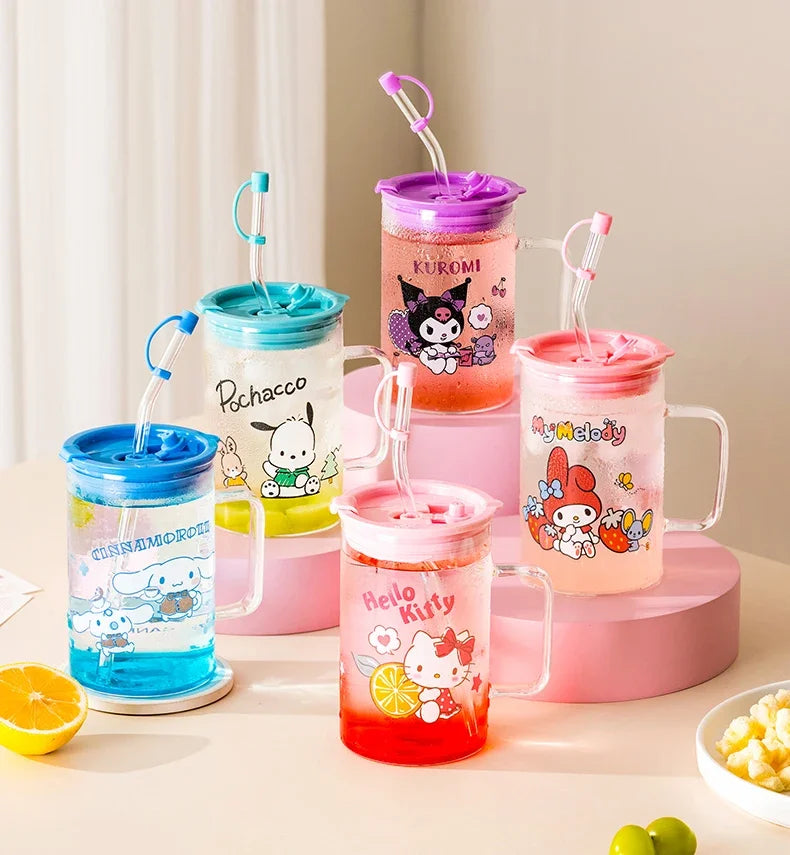 For Sanrio Collaboration Straw Glass Cup Transparent Coffee Mug Cartoon Print Water Cup with Scale＆Handle Home/Office Drinkware