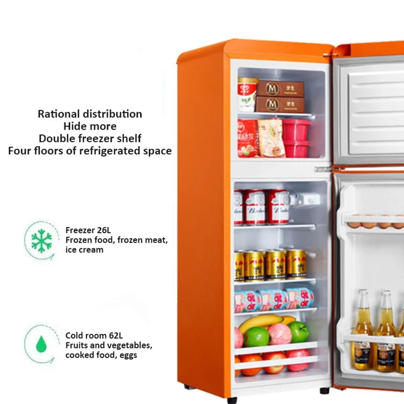 Double Door Refrigeration Freezing Mini Small Medium Silent Energy-saving Retro Refrigerators with Handle for Office Home Hotel