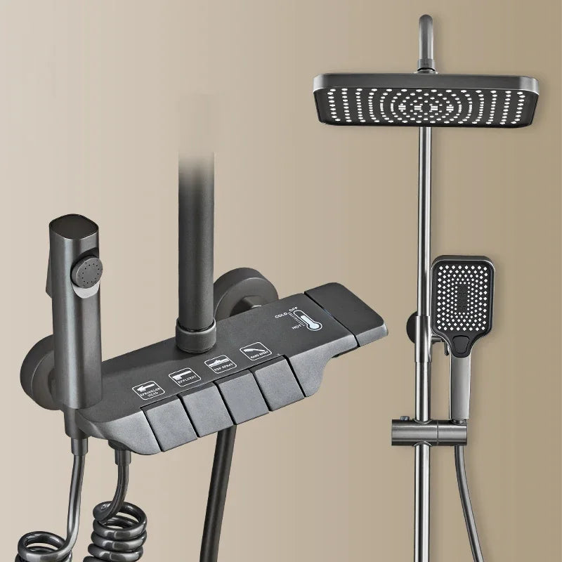 Hot Cold Piano Digital Shower Set 12 Inch Rainfall Shower Head Brass Bathtub Mixer Faucet Thermostatic Bathrooom Shower System