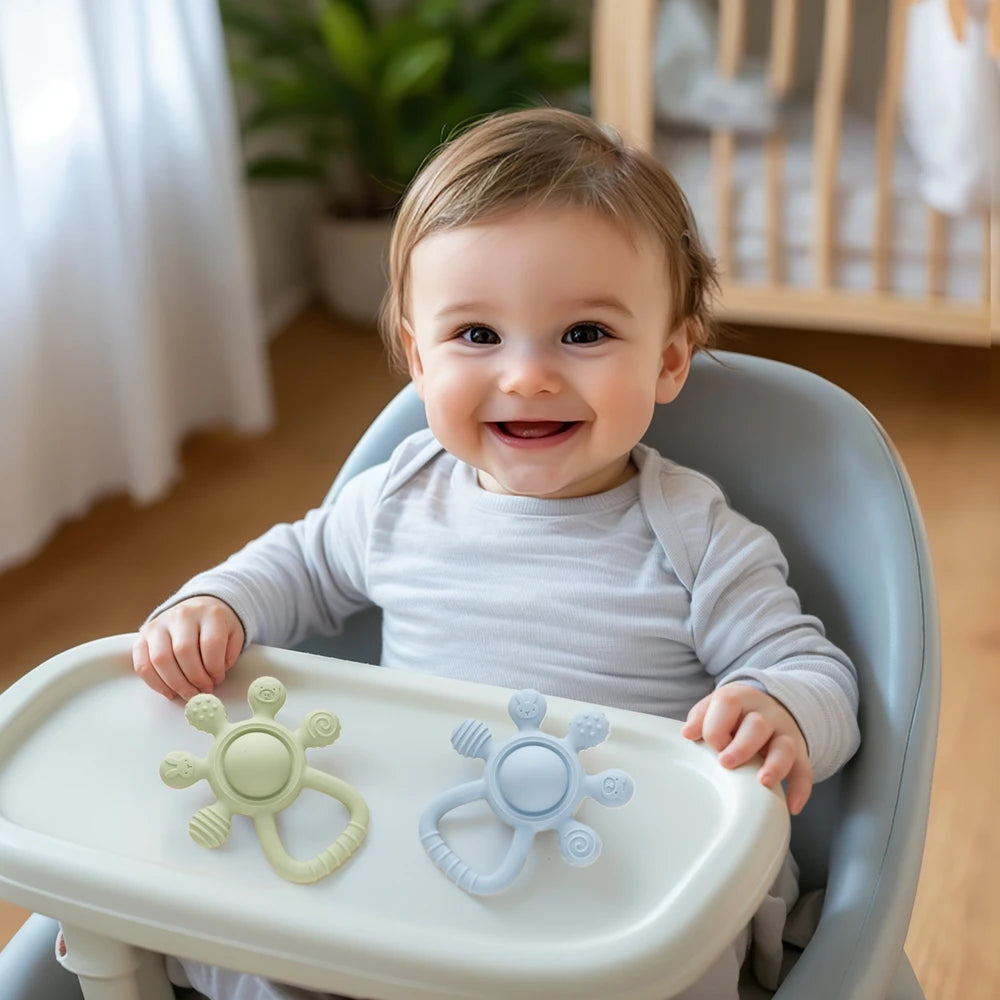 BPA Free Silicone Teether Food Grade Baby 0-12 Toys Teething Rattle Sensory Toys for Toddlers Silicone Hand Bell Soothing Toys