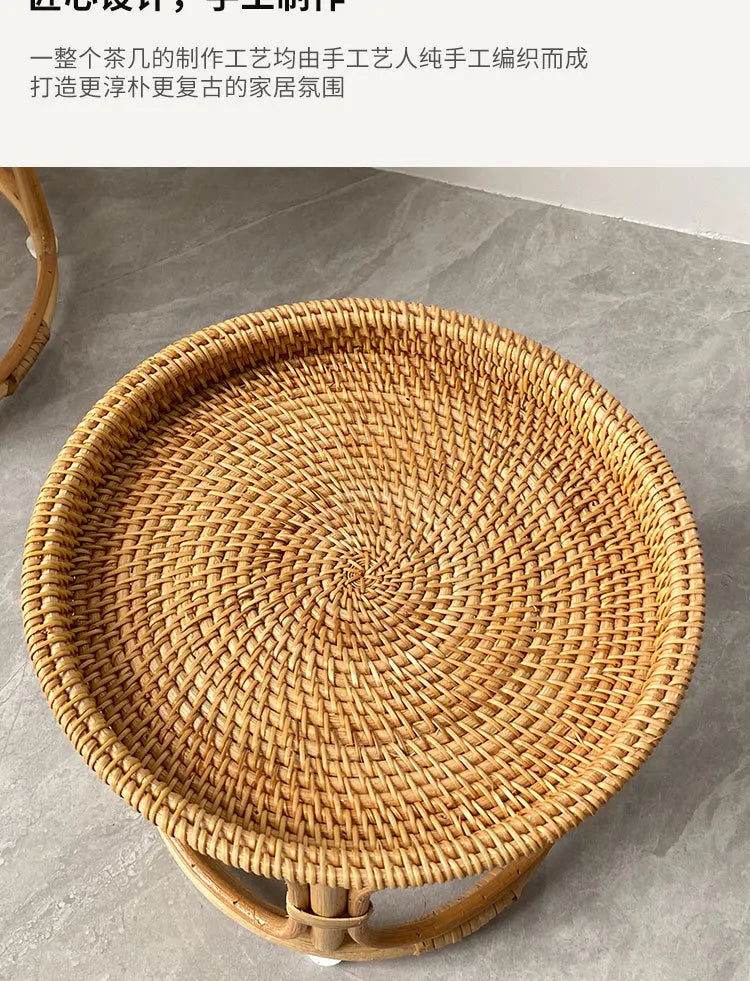 Handwoven Rattan Balcony Side Table Vintage Sofa Coffee Table  Durable Dessert and Snack Stand Japanese  Bedroom Organizer