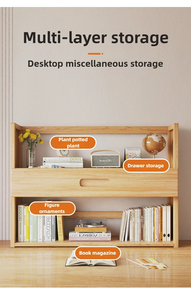 Simple desktop bookshelf dormitory multi-layer storage rack home student desk finishing shelf solid wood with extraction rack