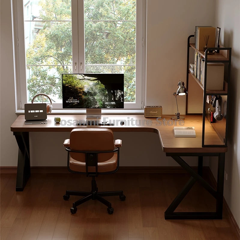 Industrial Style Solid Wood Office Desk Space-Saving L-Shaped Corner Computer Desk Home Writing Gaming PC Table with Steel Legs