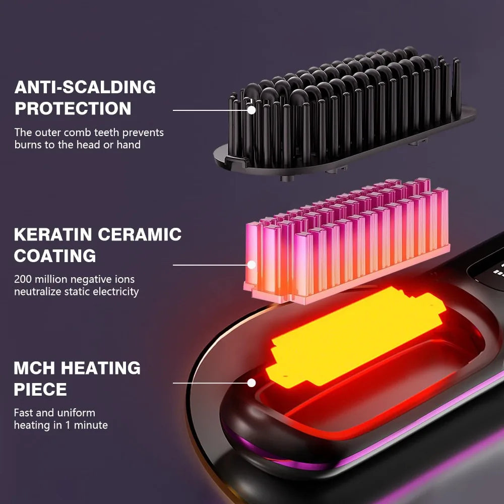 Portable Straightener Brush& Curler 2-in-1– Cordless Comb with Negative Ion,4000mAh Fast Heating&Portable Travel
