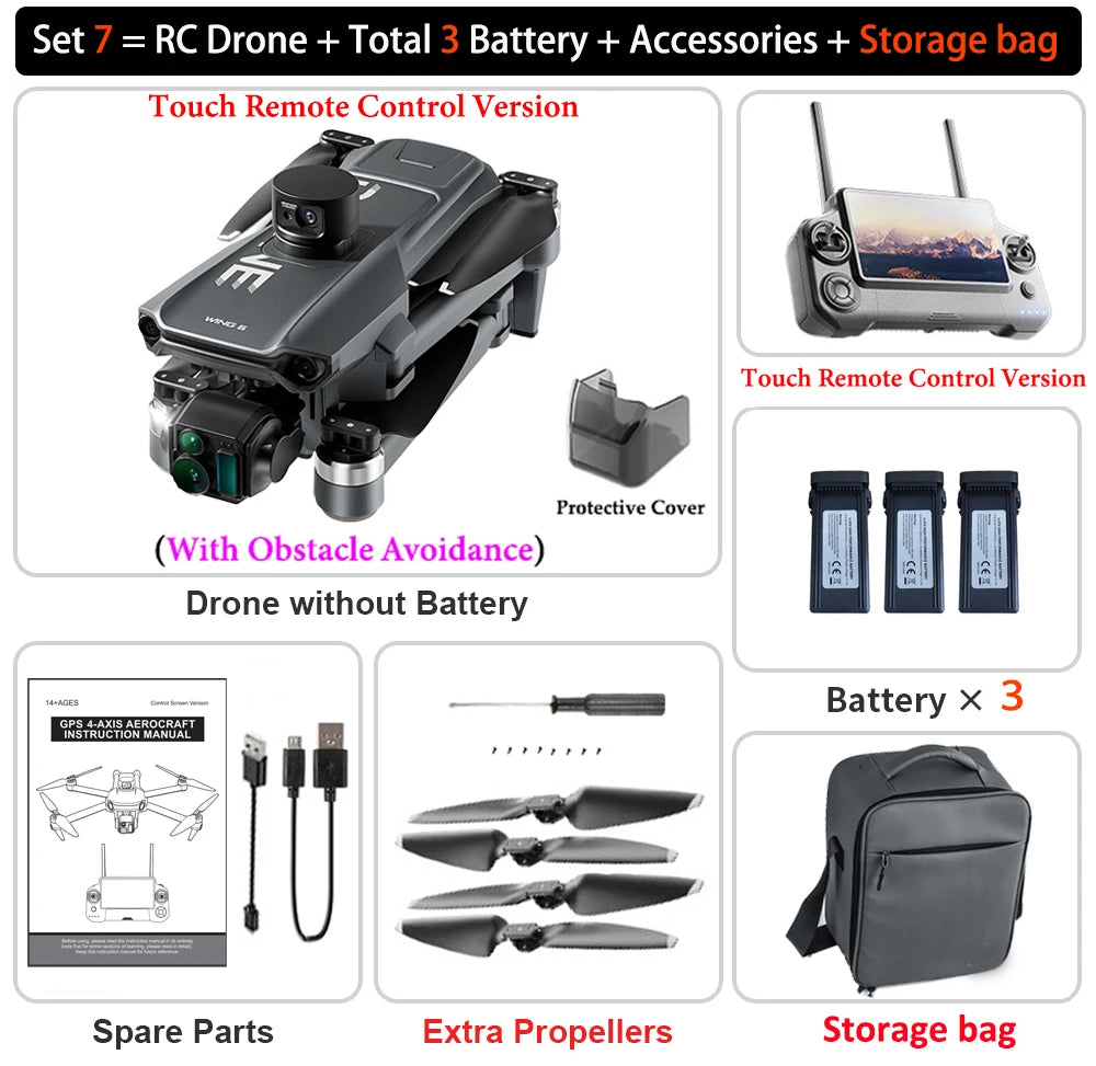 New Wing 6 Drone 8K Camera 3-Axis Gimbal WIFI Obstacle Avoidance FPV Brushless Touch Screen Remote Control Quadcopter Toys Gifts