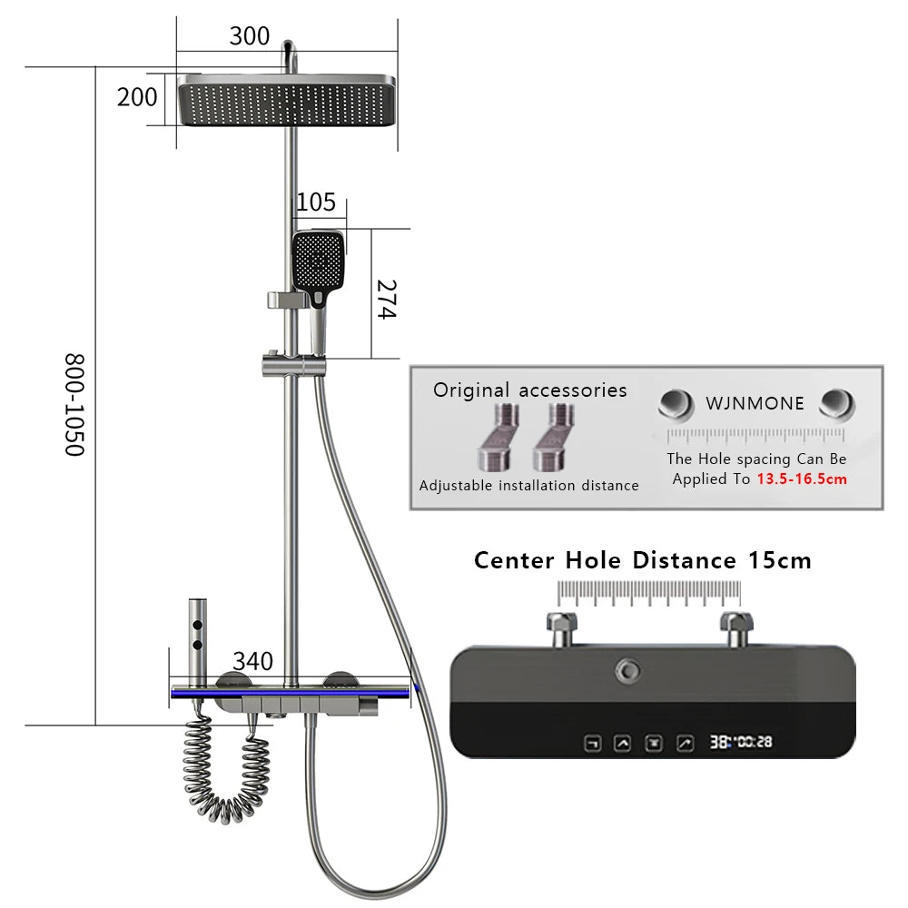 Modern Bathroom Faucet Set Wall Mounted LED Display Rain Shower System Bathtub Hot and Cold Mixer Crane Gun Gray Shower Full Set