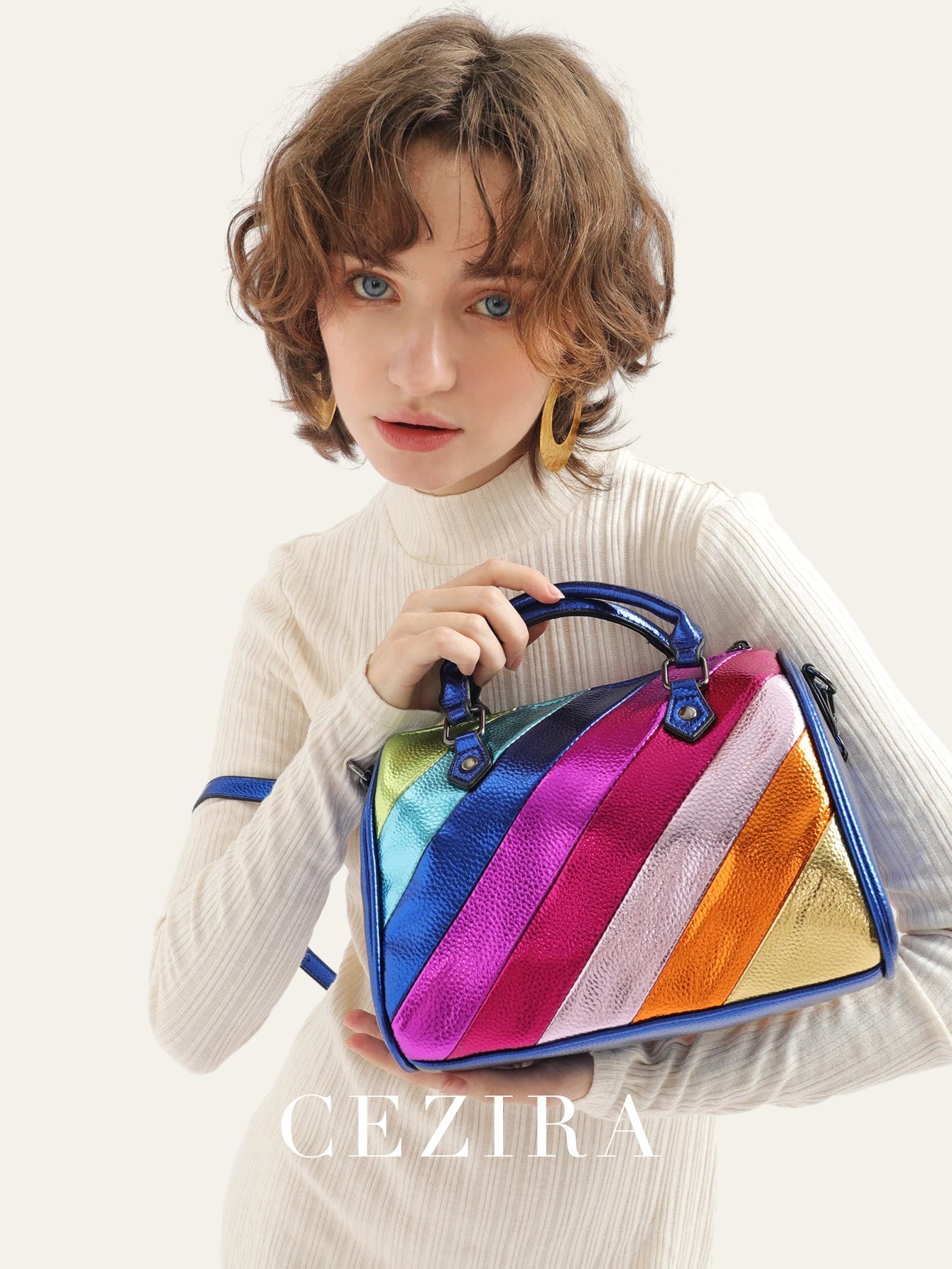 CEZIRA Luxury Metallic PU Vegan Leather Boston Bag Women Fashion Colorful Stripes Patchwork Top-handle Purse Crossbody Handbags