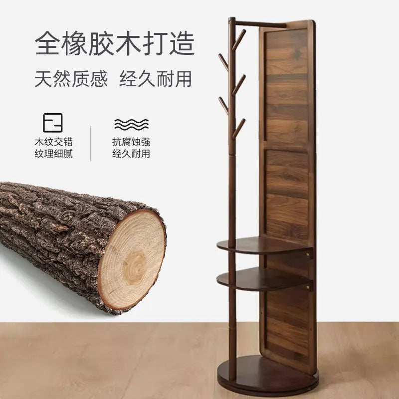 Solid Wood Full Body Floor Mirror for Home Bedroom Rotatable Movable Dressing Room Mirror with Clothes Hanger