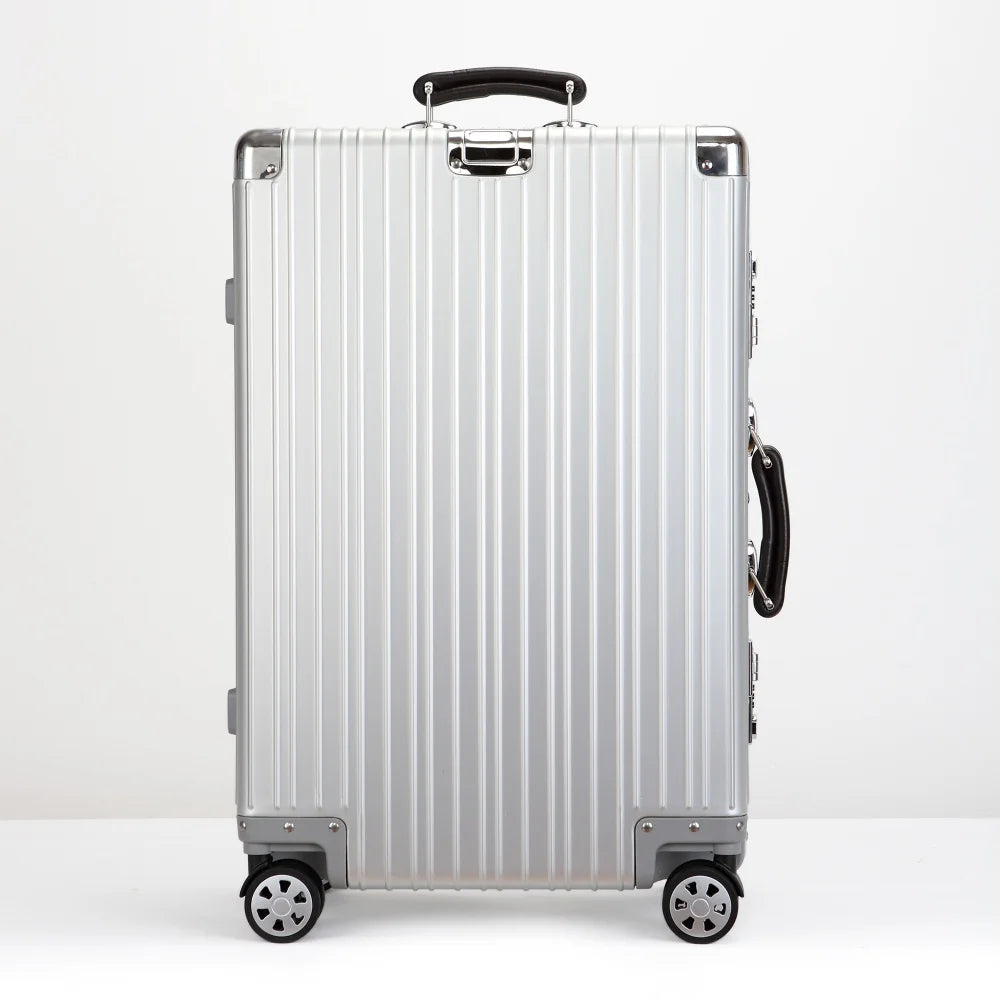 Top Quality Aluminum-Magnesium Alloy Vintage Suitcase, 20/24/26/29 Inch Lightweight Travel Trolley Luggage With Leather Handle