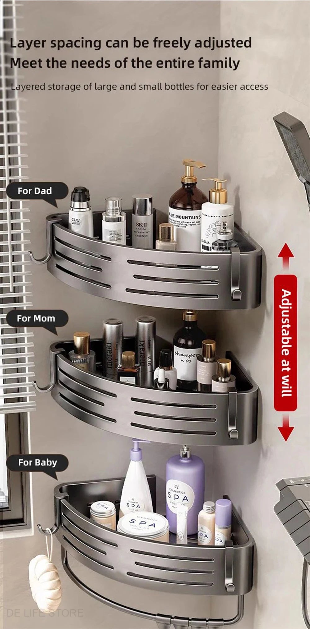 1-2PCS Bathroom Corner Shelf with Plastic Hook Towel Bar No Drill Space Aluminum Shower Storage Rack Bathroom Organizer