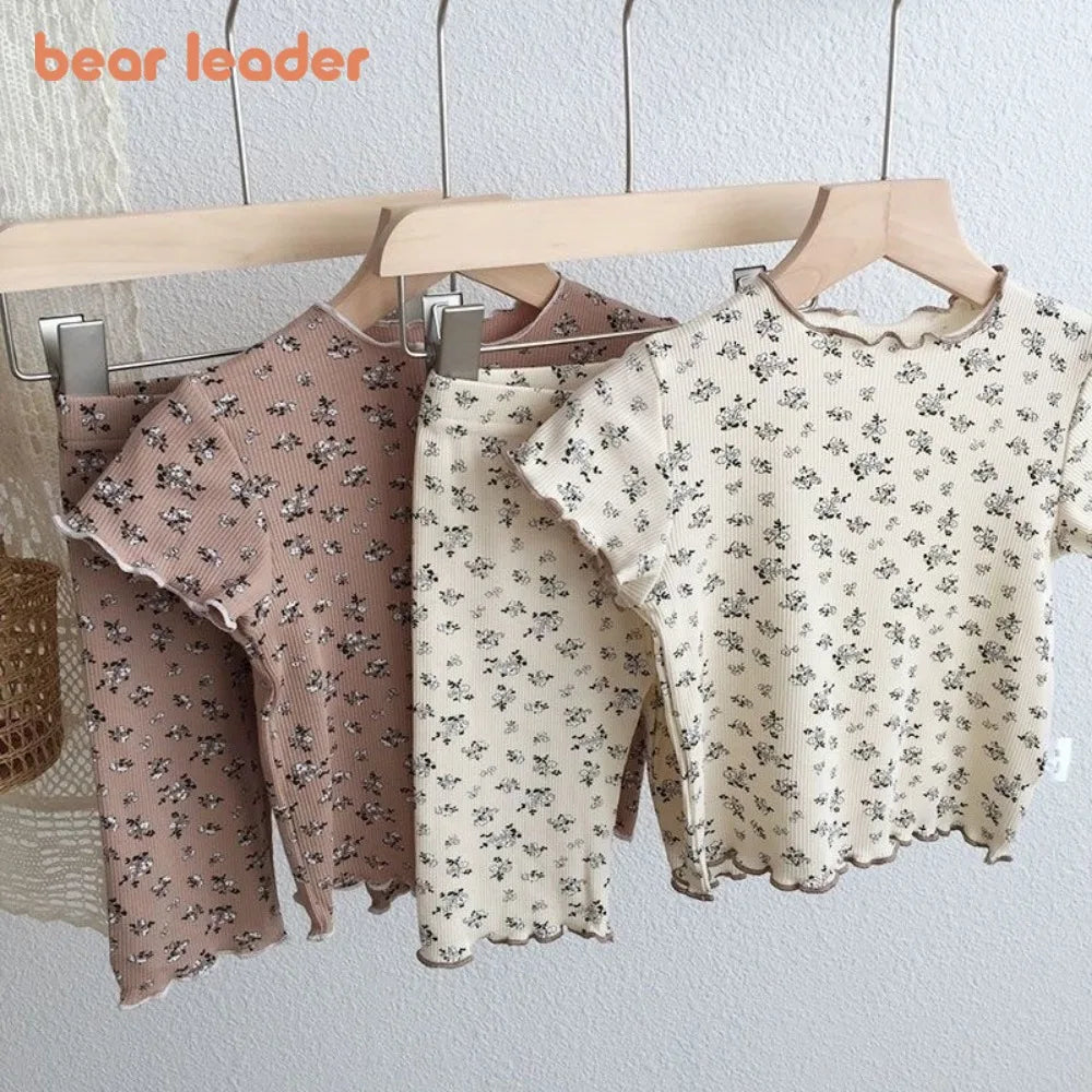 Bear Leader Summer Fashion New Short Sleeve Round Neck Flower Printed T-shirt Top+Pants 2 Piece Set Kids Casual Home Clothes