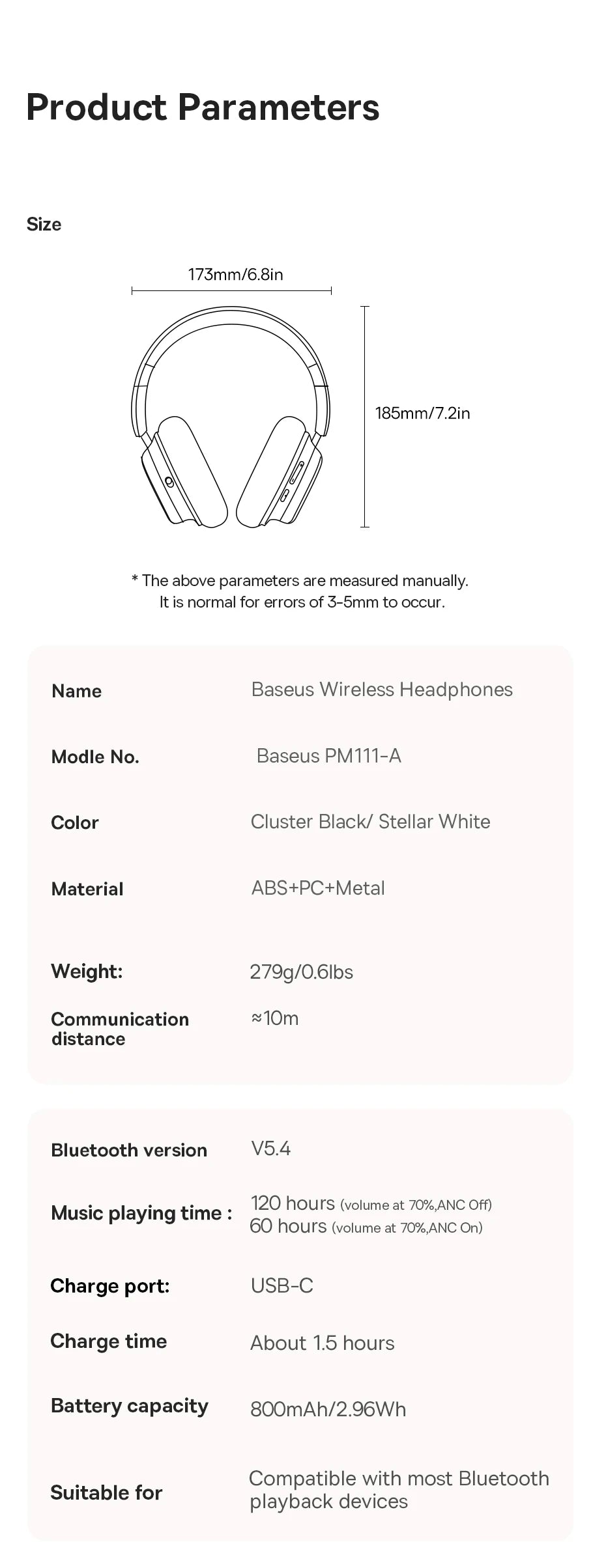 Baseus Bowie H1s Wireless Headphones Bluetooth 5.4 Noise Canceling 46dB Over Ear Headset Hi-Res Spatial Audio Earphone 120H Time