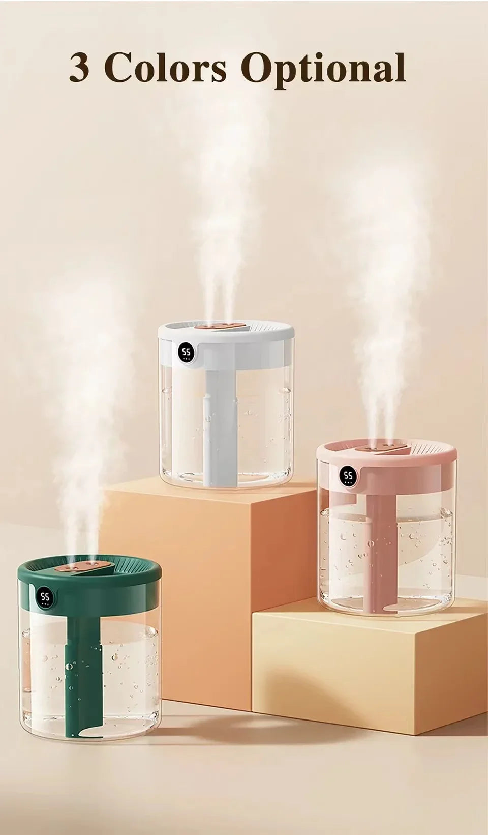 Dual Spray Humidifier USB Large Capacity Home 2L Quiet Bedroom LED Digital Display Night Light Office Desktop Mini Diffuser