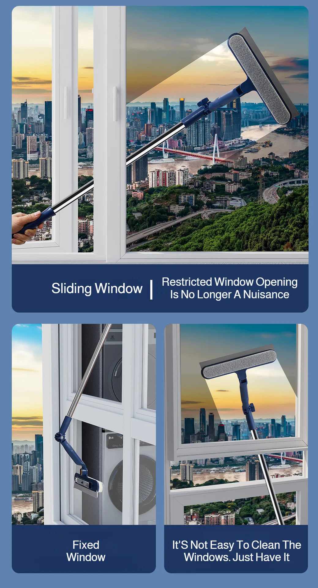 2in1 Highrise Glass Brush Window with Squeegee and Mini Brush Rotatable Glass Wiper Home Cleaning Tool for Glass,Walls and Floor