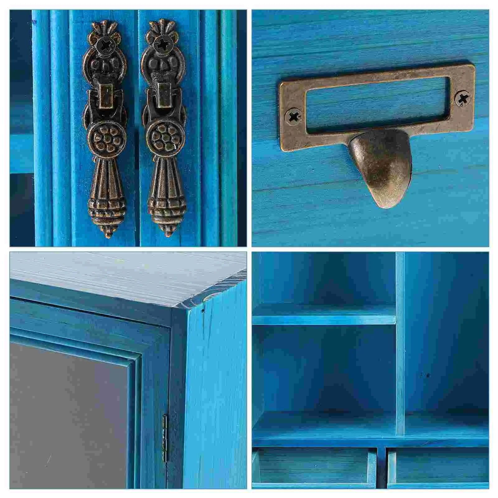 Blue Double Doors Retro Wall Wooden Cabinet Storage Box Display Countertop Furniture Kitchen Living Room House Wall Mount