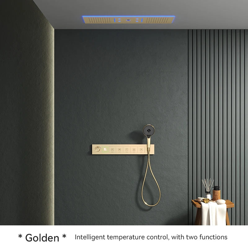 Luxury Ceiling Shower System Set Concealed Thermostatic Brass Digital Display Hydro Generator Rainfall  with Light and Bluetooth