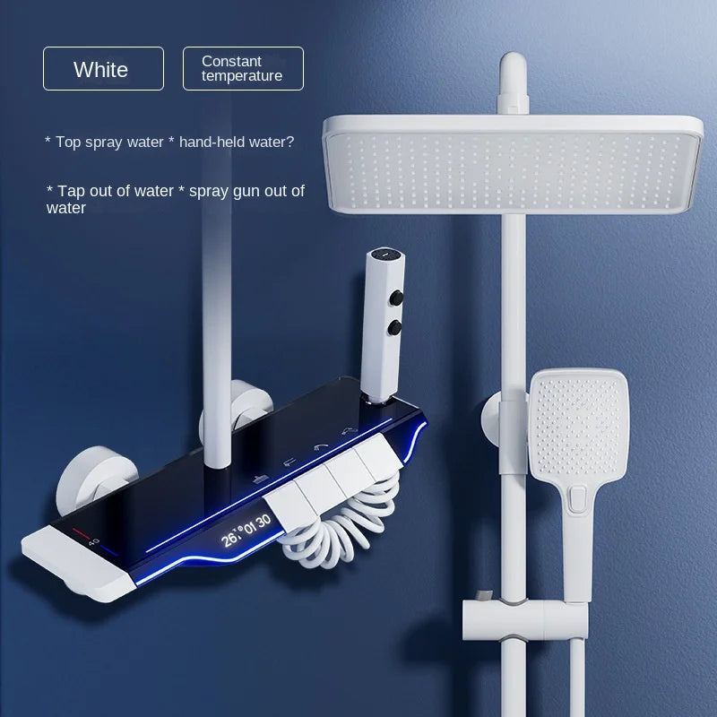 Luxury Wall Mounted Smart Button Digital Display Shower Set Thermostat System Glass Countertop Bathroom Brass Rain Shower Set