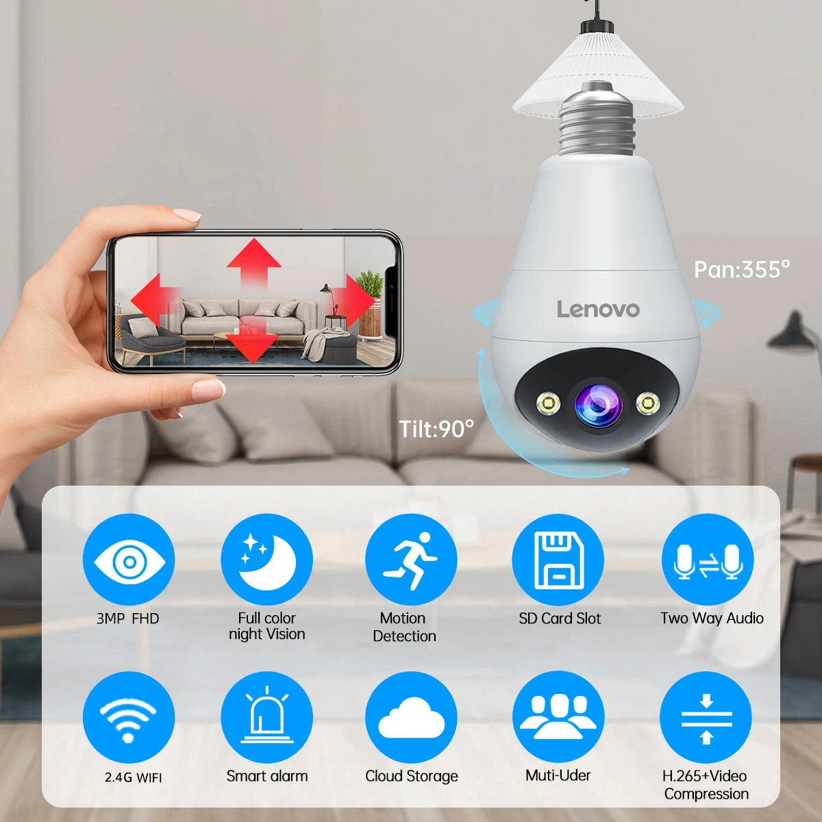Lenovo 3MP E27 Bulb IP WiFi Camera Indoor Video Surveillance Camera Color Night AI Tracking Smart Home Baby Monitor CCTV Camera