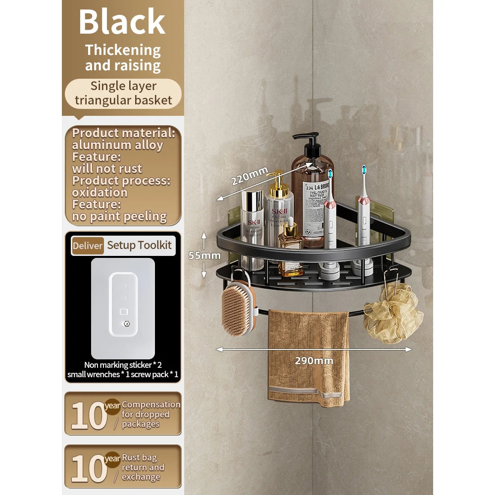 No Need to Drill Walls for Installation Aluminum Bathroom Shelf Shelves Shampoo Rack Storage Holder Kitchen Organizer