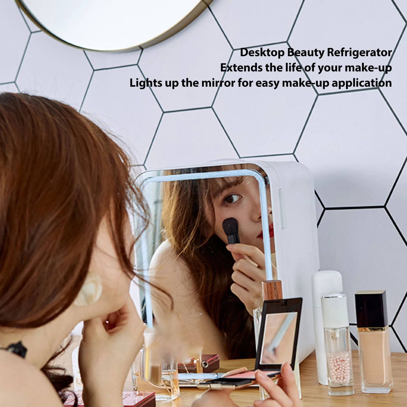 Portable Mirrored Beauty Fridge With Lighting 8L Mini Fridge Skin Care Makeup Storage with Mirror Light Cooler Warmer Refrigerat