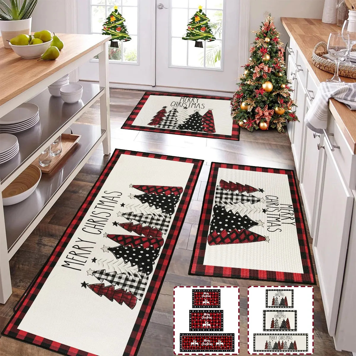 Christmas Kitchen Floor Mats, Plaid Pattern Kitchen Runner Rug for Kitchen Decoration Home 2024 Navidad Noel Gifts New Year 2025