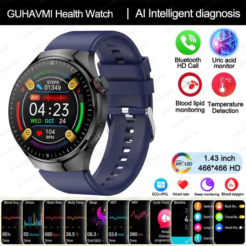 2025 New Nursing Grade Smart Watch Blood oxygen Blood Lipid Uric Acid ECG+PPG Body Temperature Bluetooth Call Health Smartwatch