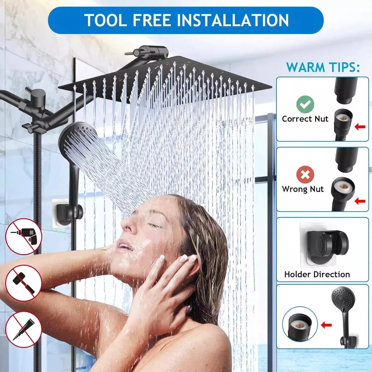 8/10/12-inch stainless steel 5-mode overhead showerhead with extension arm and multi-function wall-mounted hand shower set