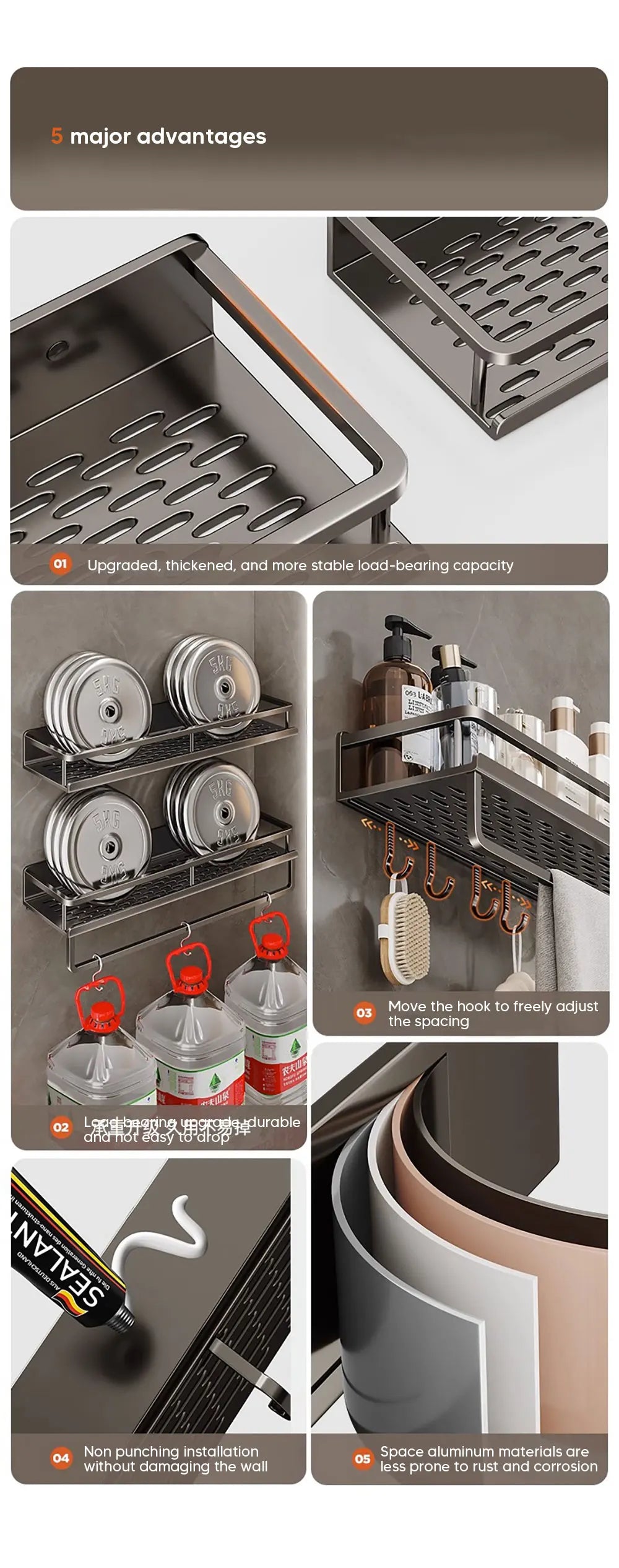 Aluminum Shower Organiser Bathroom Shelf Without Drilling Gray Wall Toilet Storage Shelf Shampoo Holder Bathroom Accessories