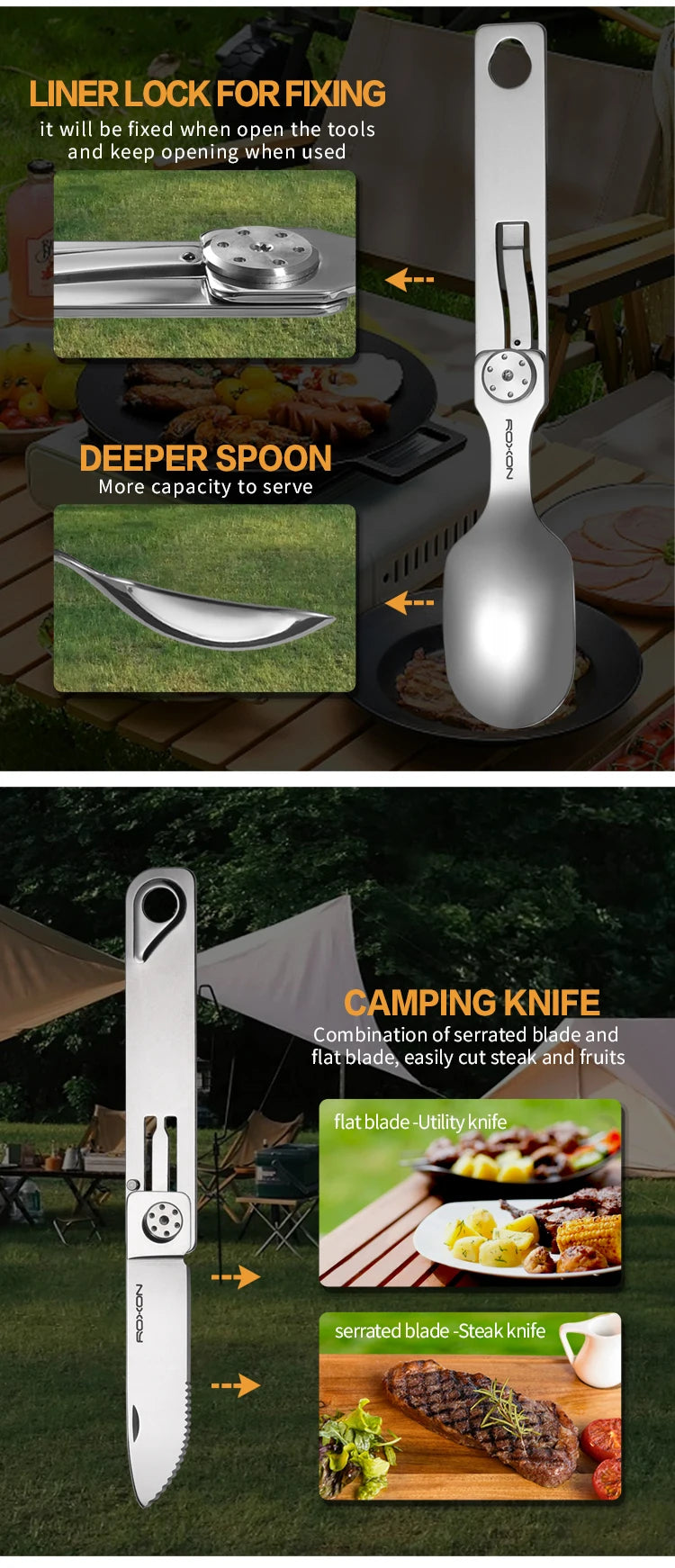 ROXON 3 IN 1 Camping Cutlery Set Knife Fork Spoon Stainless Steel Portable and Detachable