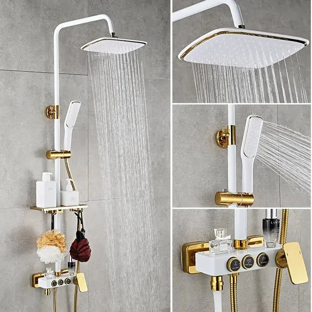KEMAIDI Black Gold Shower Faucet Set Bathtub  4-way Mixer  Tap with Bidet and Shelf  Bathroom Rainfall Shower Systerm Wall Mount