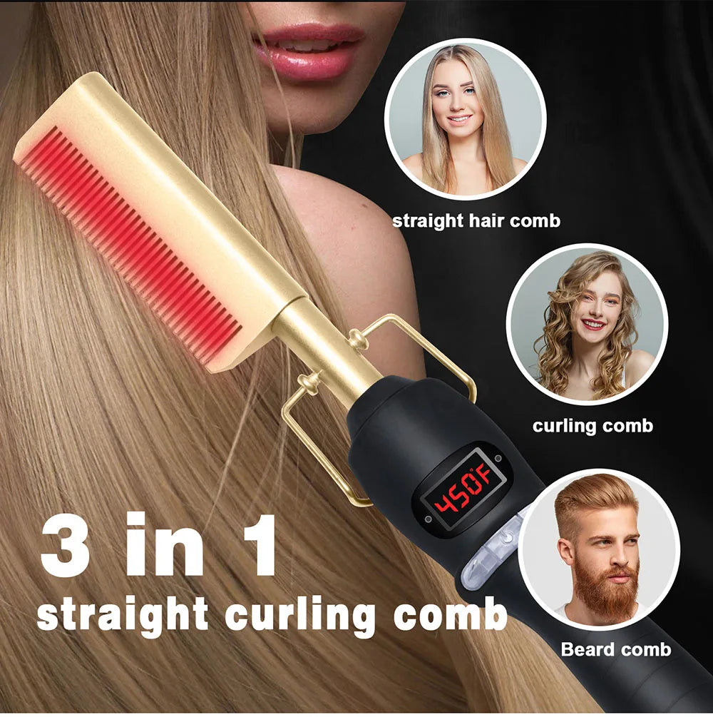 Hot Comb Straightener for Wigs and African Hair Flat Irons Fast Heating Straightening Brush Straight & Curler Roller Styler Tool