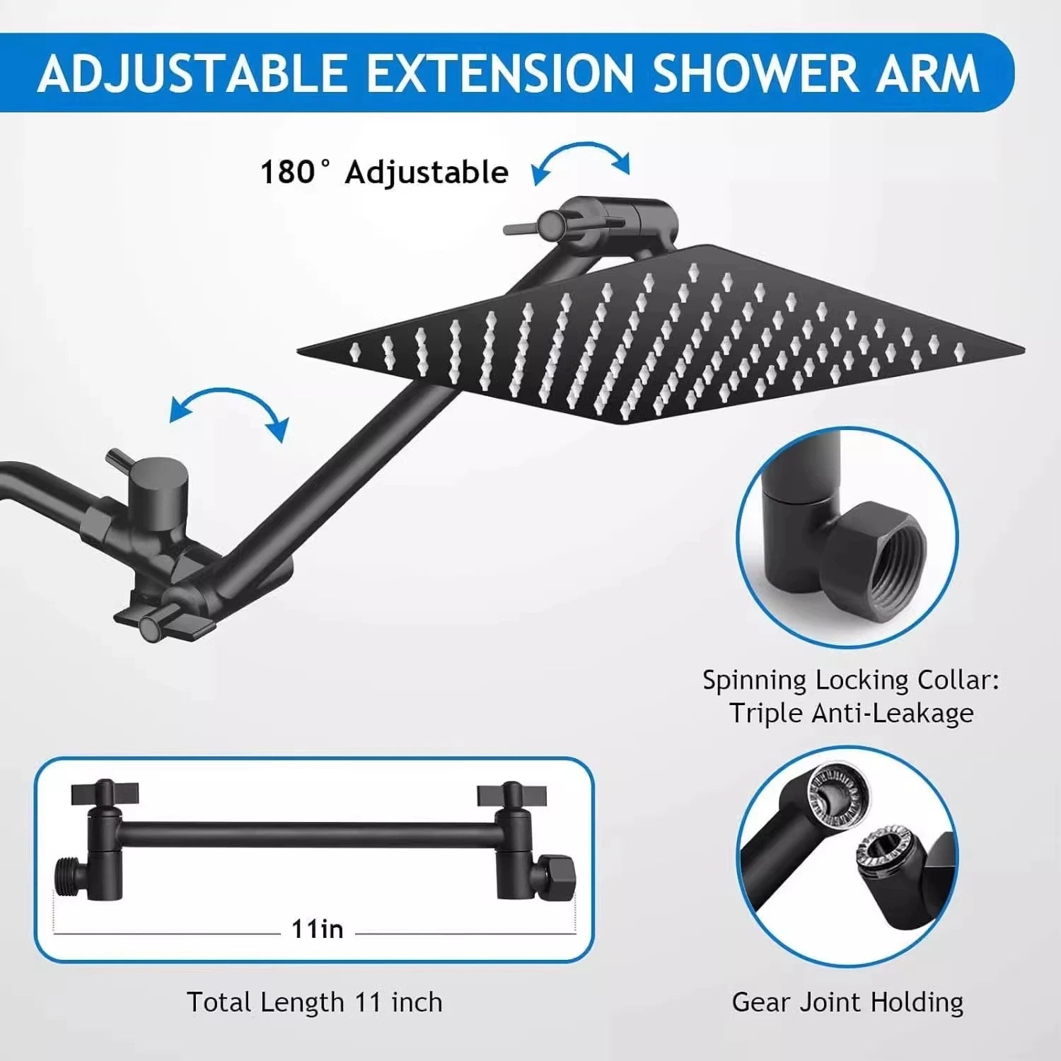 8/10/12-inch stainless steel 5-mode overhead showerhead with extension arm and multi-function wall-mounted hand shower set