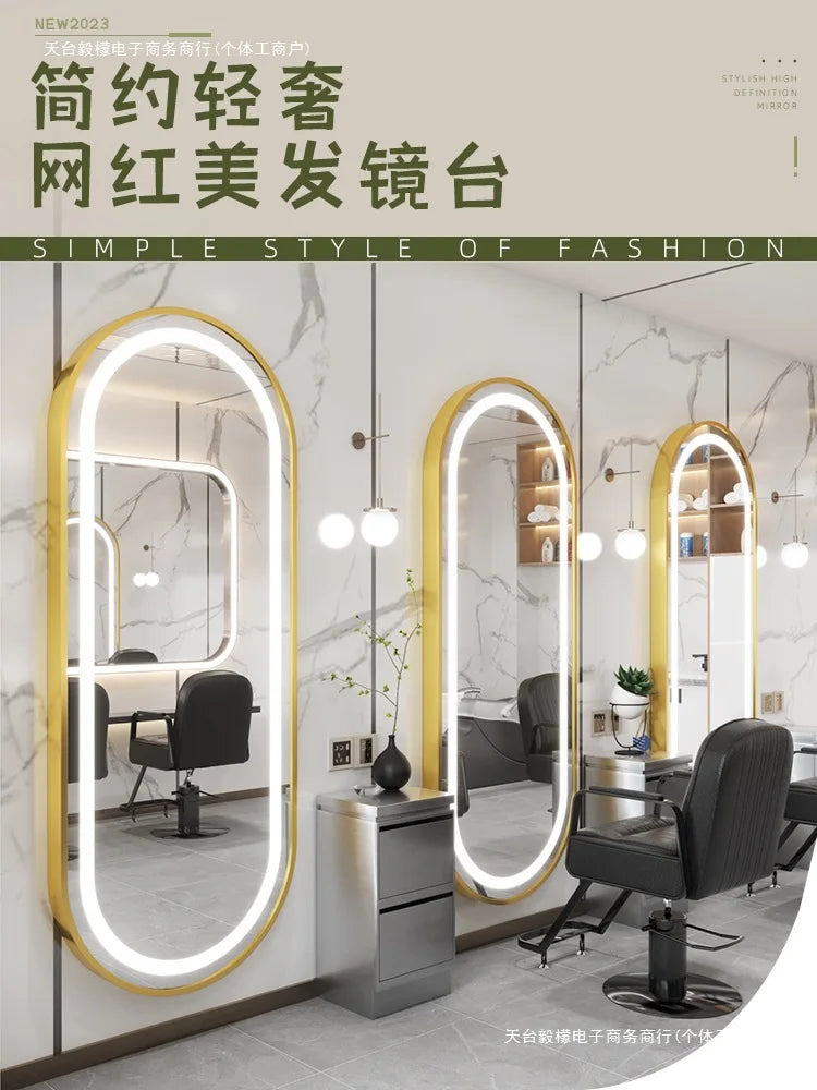 Wall-mounted simple hairdresser floor mirror LED perm and dyeing mirror table touch