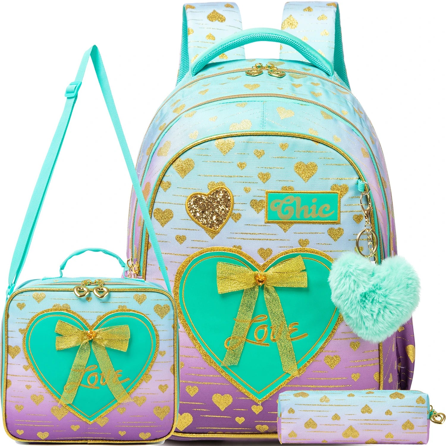 New Bowknot Ribbon Backpack Girls Backpack with Lunch Bag and Pen Bag for Elementary School for Picnic Travel Best Gift