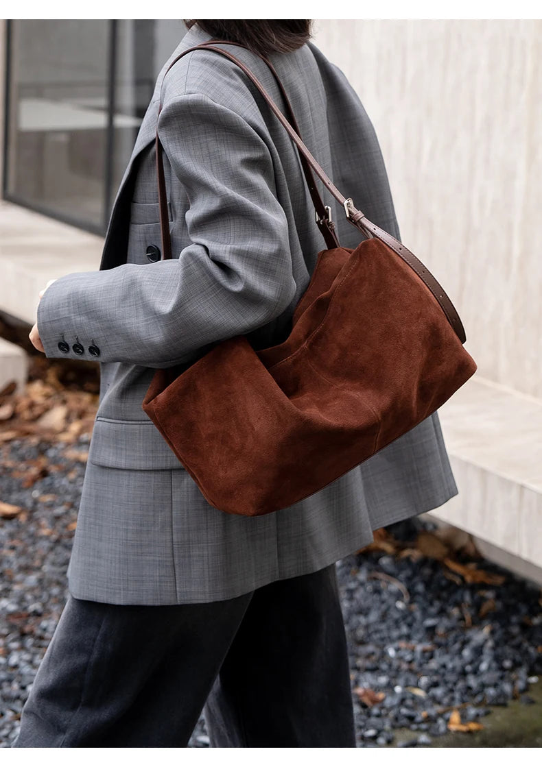 Women's Suede Cow Genuine Leather Shoulder Bags Ladies Soft Cowhide Crossbody Bag Female Design Luxury Lazy Commuting Handbag