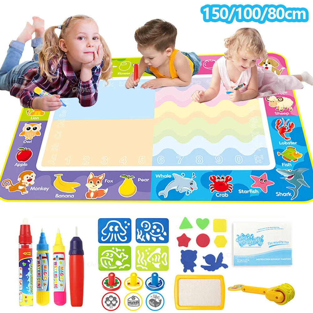 No Mess Kids Water Drawing Mat  Doodle Coloring Board with Magic Pens & Stamps Educational Montessori Toy Gift for Boys Girls