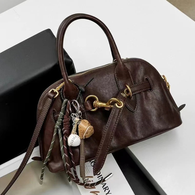 2025 Luxury Brand Genuine Leather Women Handbags Fashion Gold Buckle Shoulder Bags Women Spring Retro Sheepskin Boston Bags Lady