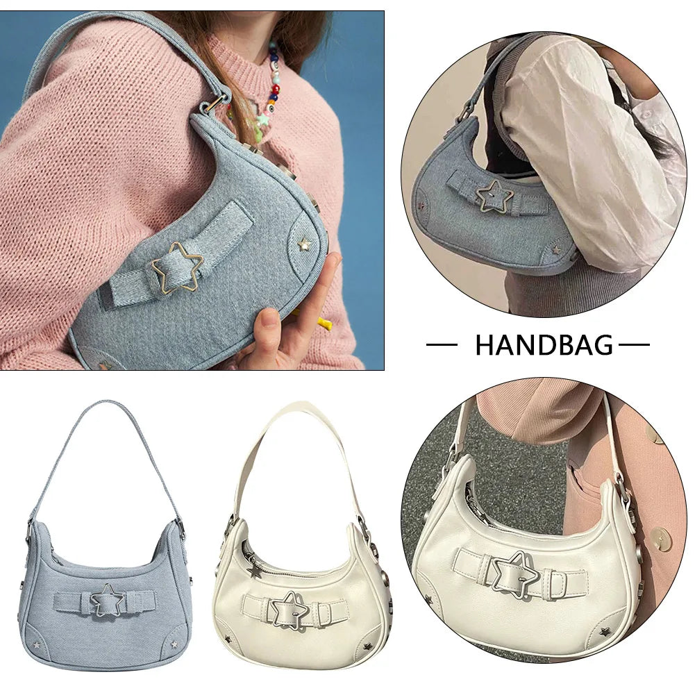 Women Shoulder Handbag Vintage Y2K Casual Hobos Zipper Star Decor Solid Color Gift for Girls Ladies Purse Tote Bag