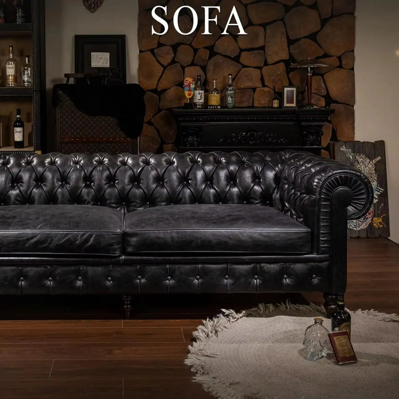 American classic tufted sofa, vintage cigar bar whiskey straight row sofa, oil wax leather café sofa