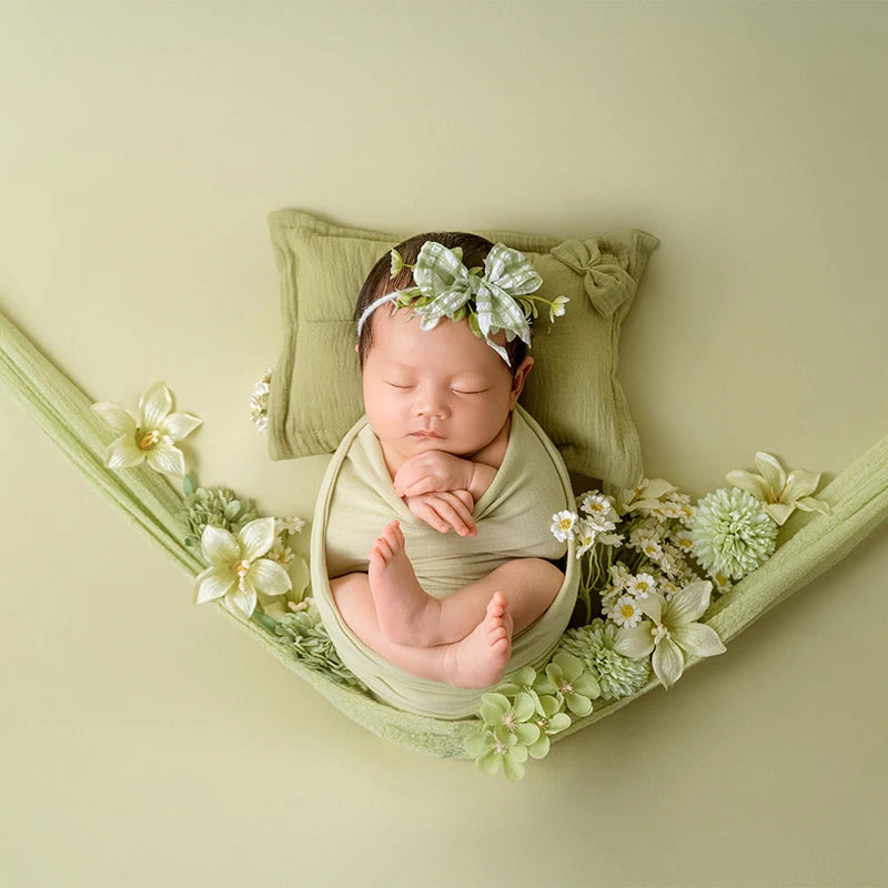 Green Theme Newborn Baby Photography Props Cute Bow Headflower Baby Posing Elastic Wrapping Cloth Background Blanket Accessories