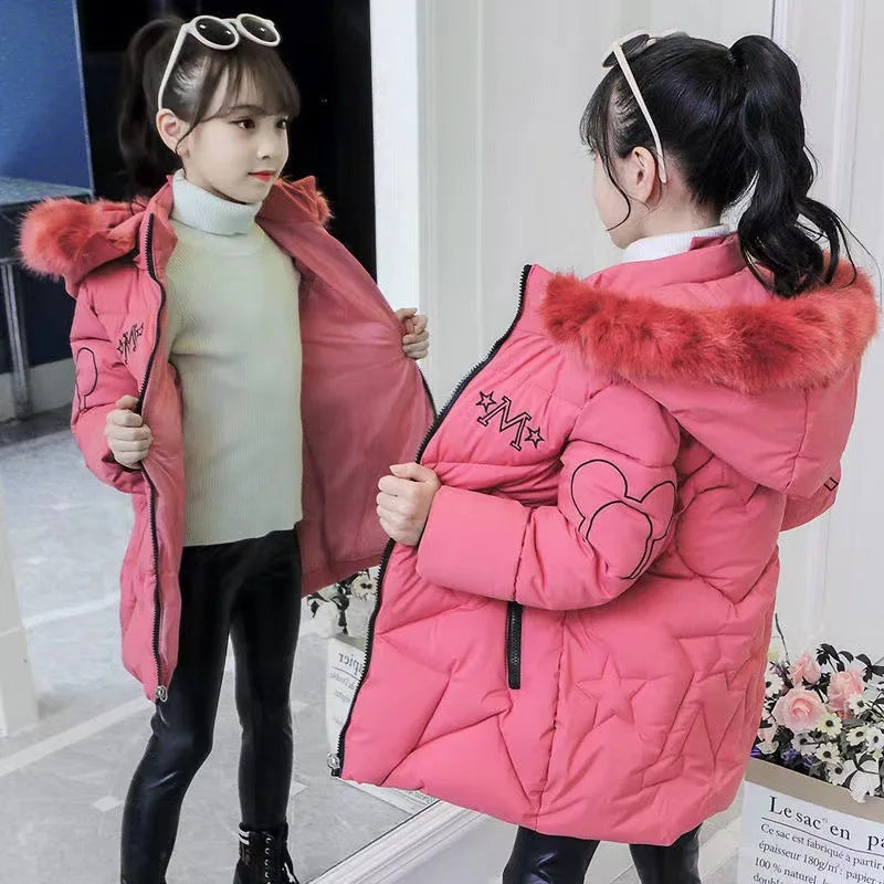 5-14 Years Old Winter Boys Girls Jacket Long Style Hooded Fur Collar Colorful Heavy Coat For Kids Children Outerwear