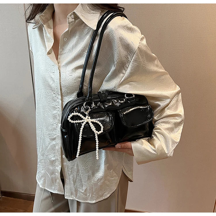 Solid Sewing Thread Fashion Glossy PU Shoulder Bags Baguette Versatile Hand Bags 2025 Hot Sale Bags for Women Bolsas Femininas