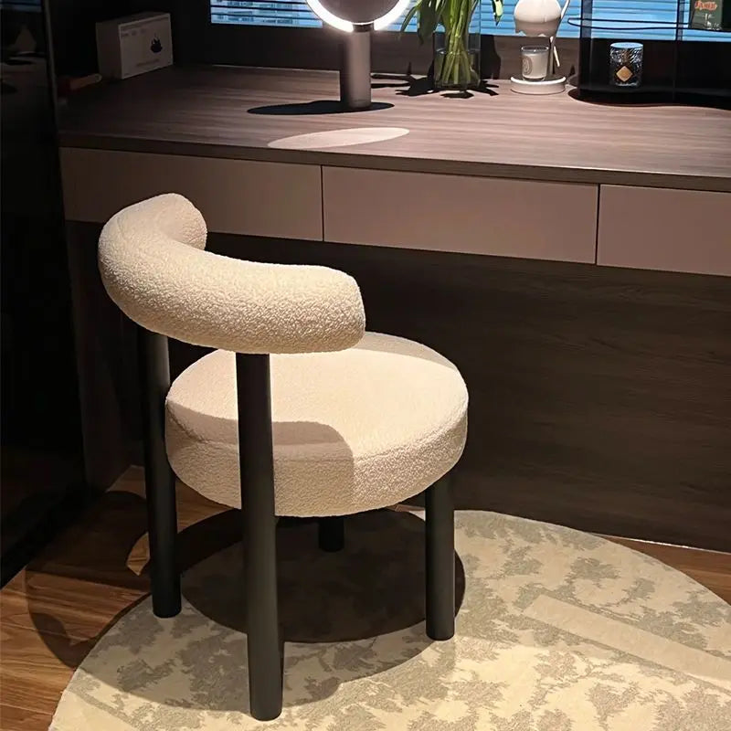 Cloud Vanity Stool Plush Lambwool Round Silhouette, Bedroom Makeup Chair with Designer Cloud Aesthetic Ergonomic Lumbar Support