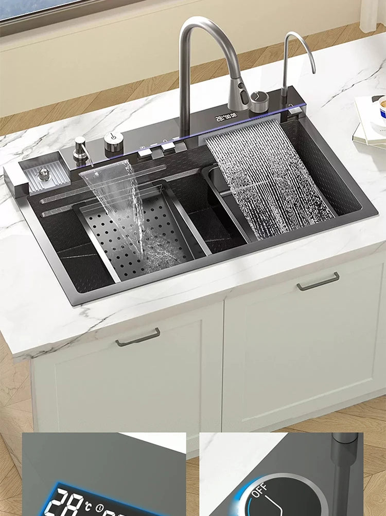 Kitchen Sink Stainless Steel Waterfall Sinks Extra Large Single Slot with Digital Display Faucet Set For kitchen