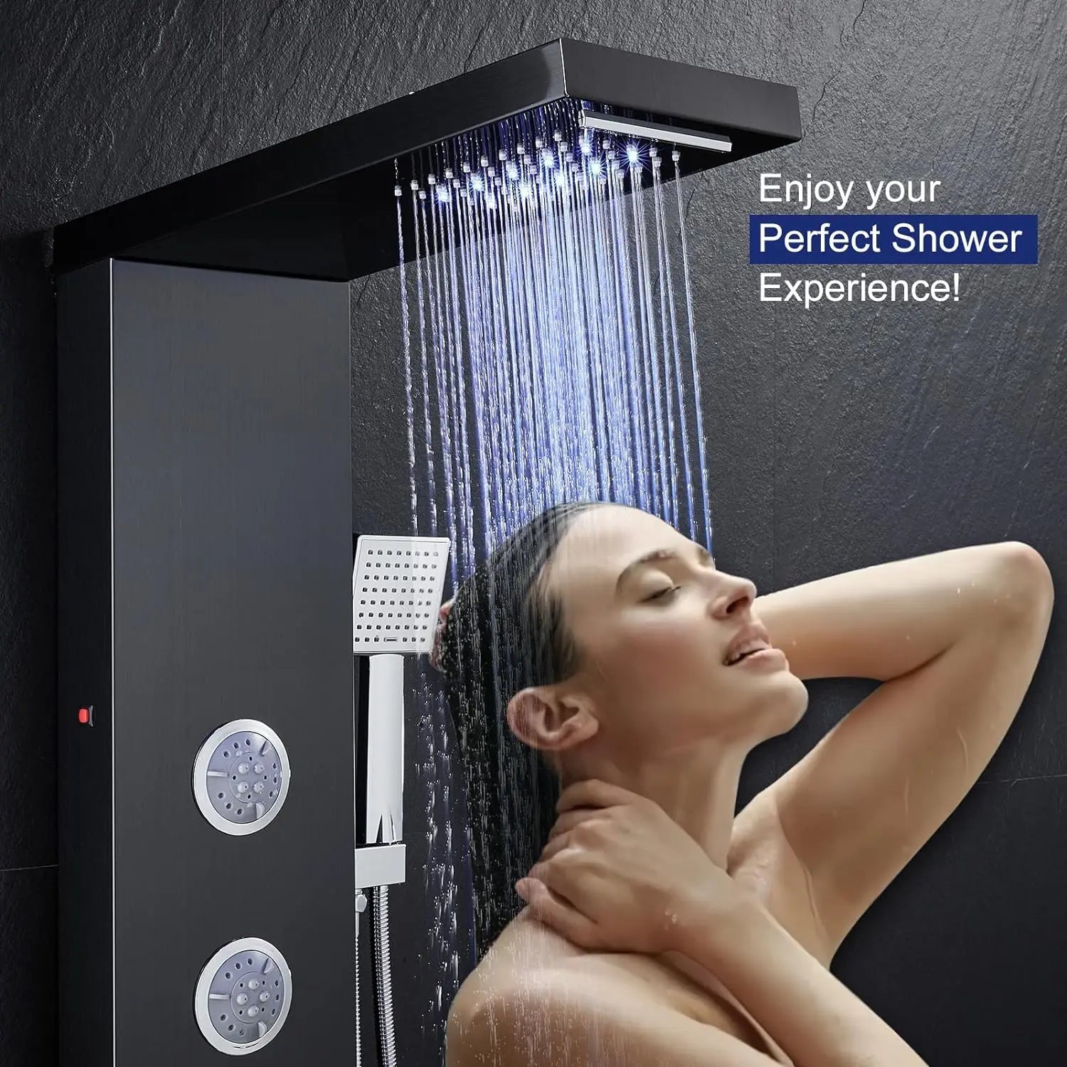 KEMAIDI LED Shower Panel Tower System with Rainfall Waterfall Shower Black Shower Panels with Jets and Rainfall and Handheld